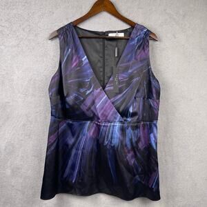 NWT Tahari Womens Satin Sleeveless Blouse SZ 0X Purple Abstract Jewel Tones
